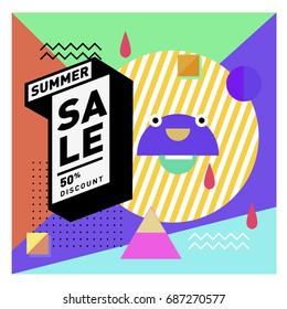 Summer sale memphis style web banner. Fashion and travel discount poster. Vector holiday Abstract colorful illustration with special offer and promotion.