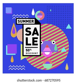 Summer sale memphis style web banner. Fashion and travel discount poster. Vector holiday Abstract colorful illustration with special offer and promotion.