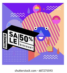 Summer sale memphis style web banner. Fashion and travel discount poster. Vector holiday Abstract colorful illustration with special offer and promotion.