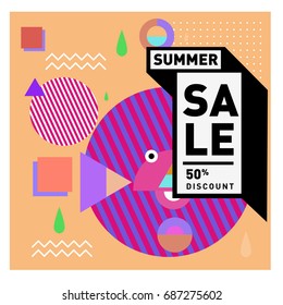 Summer sale memphis style web banner. Fashion and travel discount poster. Vector holiday Abstract colorful illustration with special offer and promotion.