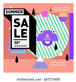 Summer sale memphis style web banner. Fashion and travel discount poster. Vector holiday Abstract colorful illustration with special offer and promotion.