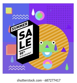 Summer sale memphis style web banner. Fashion and travel discount poster. Vector holiday Abstract colorful illustration with special offer and promotion.