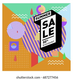 Summer sale memphis style web banner. Fashion and travel discount poster. Vector holiday Abstract colorful illustration with special offer and promotion.