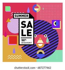 Summer sale memphis style web banner. Fashion and travel discount poster. Vector holiday Abstract colorful illustration with special offer and promotion.