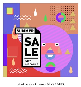 Summer sale memphis style web banner. Fashion and travel discount poster. Vector holiday Abstract colorful illustration with special offer and promotion.