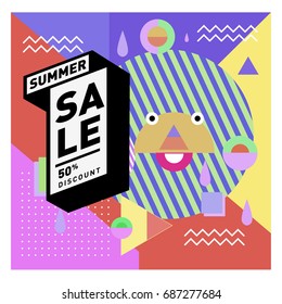 Summer sale memphis style web banner. Fashion and travel discount poster. Vector holiday Abstract colorful illustration with special offer and promotion.