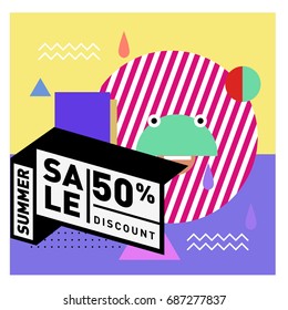 Summer sale memphis style web banner. Fashion and travel discount poster. Vector holiday Abstract colorful illustration with special offer and promotion.