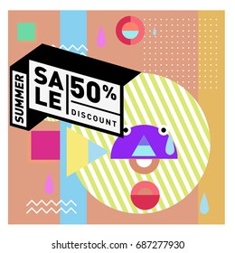 Summer sale memphis style web banner. Fashion and travel discount poster. Vector holiday Abstract colorful illustration with special offer and promotion.