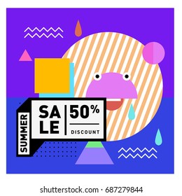 Summer sale memphis style web banner. Fashion and travel discount poster. Vector holiday Abstract colorful illustration with special offer and promotion.
