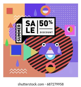 Summer sale memphis style web banner. Fashion and travel discount poster. Vector holiday Abstract colorful illustration with special offer and promotion.