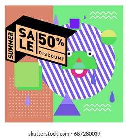 Summer sale memphis style web banner. Fashion and travel discount poster. Vector holiday Abstract colorful illustration with special offer and promotion.