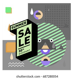 Summer sale memphis style web banner. Fashion and travel discount poster. Vector holiday Abstract colorful illustration with special offer and promotion.
