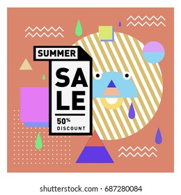 Summer sale memphis style web banner. Fashion and travel discount poster. Vector holiday Abstract colorful illustration with special offer and promotion.