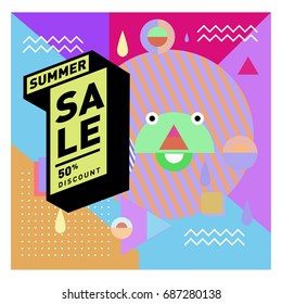 Summer sale memphis style web banner. Fashion and travel discount poster. Vector holiday Abstract colorful illustration with special offer and promotion.