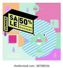 Summer sale memphis style web banner. Fashion and travel discount poster. Vector holiday Abstract colorful illustration with special offer and promotion.