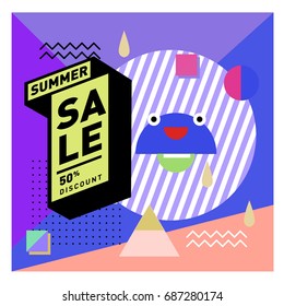 Summer sale memphis style web banner. Fashion and travel discount poster. Vector holiday Abstract colorful illustration with special offer and promotion.