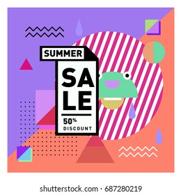 Summer sale memphis style web banner. Fashion and travel discount poster. Vector holiday Abstract colorful illustration with special offer and promotion.