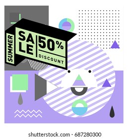 Summer sale memphis style web banner. Fashion and travel discount poster. Vector holiday Abstract colorful illustration with special offer and promotion.