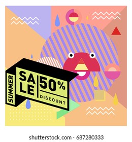 Summer sale memphis style web banner. Fashion and travel discount poster. Vector holiday Abstract colorful illustration with special offer and promotion.
