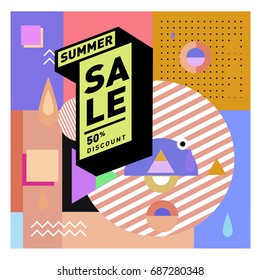 Summer sale memphis style web banner. Fashion and travel discount poster. Vector holiday Abstract colorful illustration with special offer and promotion.