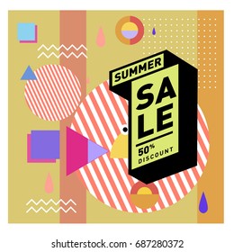 Summer sale memphis style web banner. Fashion and travel discount poster. Vector holiday Abstract colorful illustration with special offer and promotion.