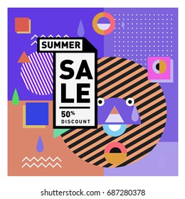 Summer sale memphis style web banner. Fashion and travel discount poster. Vector holiday Abstract colorful illustration with special offer and promotion.