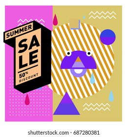 Summer sale memphis style web banner. Fashion and travel discount poster. Vector holiday Abstract colorful illustration with special offer and promotion.