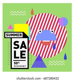 Summer sale memphis style web banner. Fashion and travel discount poster. Vector holiday Abstract colorful illustration with special offer and promotion.
