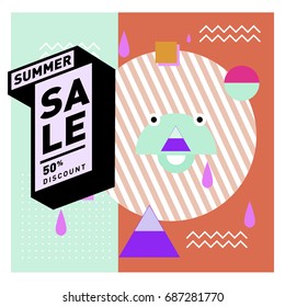 Summer sale memphis style web banner. Fashion and travel discount poster. Vector holiday Abstract colorful illustration with special offer and promotion.