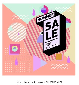 Summer sale memphis style web banner. Fashion and travel discount poster. Vector holiday Abstract colorful illustration with special offer and promotion.