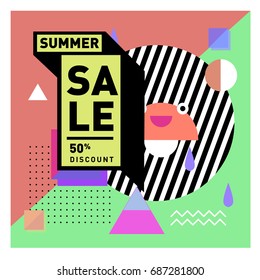Summer sale memphis style web banner. Fashion and travel discount poster. Vector holiday Abstract colorful illustration with special offer and promotion.