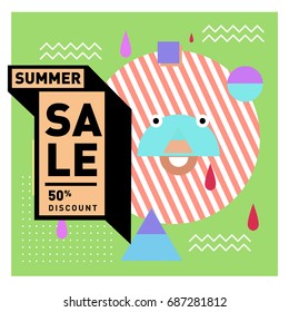 Summer sale memphis style web banner. Fashion and travel discount poster. Vector holiday Abstract colorful illustration with special offer and promotion.