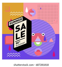 Summer sale memphis style web banner. Fashion and travel discount poster. Vector holiday Abstract colorful illustration with special offer and promotion.