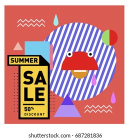 Summer sale memphis style web banner. Fashion and travel discount poster. Vector holiday Abstract colorful illustration with special offer and promotion.