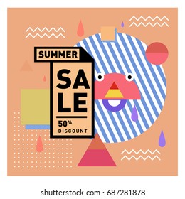Summer sale memphis style web banner. Fashion and travel discount poster. Vector holiday Abstract colorful illustration with special offer and promotion.