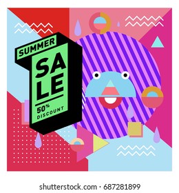Summer sale memphis style web banner. Fashion and travel discount poster. Vector holiday Abstract colorful illustration with special offer and promotion.