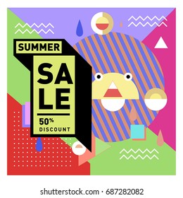 Summer sale memphis style web banner. Fashion and travel discount poster. Vector holiday Abstract colorful illustration with special offer and promotion.