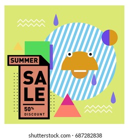 Summer sale memphis style web banner. Fashion and travel discount poster. Vector holiday Abstract colorful illustration with special offer and promotion.