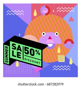 Summer sale memphis style web banner. Fashion and travel discount poster. Vector holiday Abstract colorful illustration with special offer and promotion.