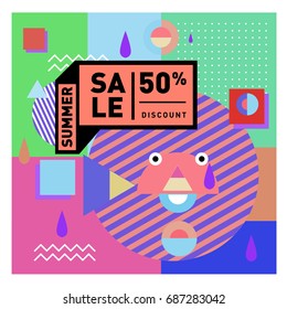 Summer sale memphis style web banner. Fashion and travel discount poster. Vector holiday Abstract colorful illustration with special offer and promotion.