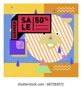 Summer sale memphis style web banner. Fashion and travel discount poster. Vector holiday Abstract colorful illustration with special offer and promotion.