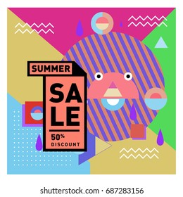 Summer sale memphis style web banner. Fashion and travel discount poster. Vector holiday Abstract colorful illustration with special offer and promotion.