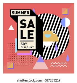 Summer sale memphis style web banner. Fashion and travel discount poster. Vector holiday Abstract colorful illustration with special offer and promotion.