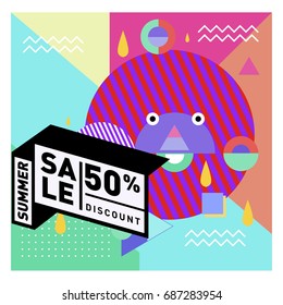 Summer sale memphis style web banner. Fashion and travel discount poster. Vector holiday Abstract colorful illustration with special offer and promotion.