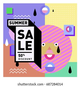 Summer sale memphis style web banner. Fashion and travel discount poster. Vector holiday Abstract colorful illustration with special offer and promotion.