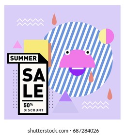 Summer sale memphis style web banner. Fashion and travel discount poster. Vector holiday Abstract colorful illustration with special offer and promotion.