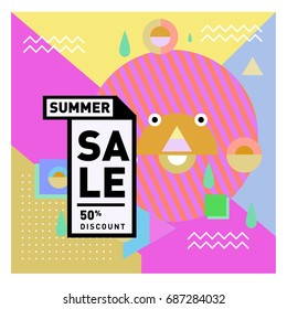 Summer sale memphis style web banner. Fashion and travel discount poster. Vector holiday Abstract colorful illustration with special offer and promotion.