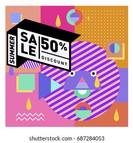 Summer sale memphis style web banner. Fashion and travel discount poster. Vector holiday Abstract colorful illustration with special offer and promotion.
