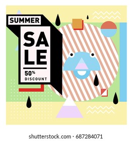 Summer sale memphis style web banner. Fashion and travel discount poster. Vector holiday Abstract colorful illustration with special offer and promotion.