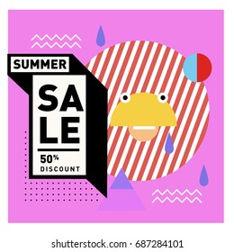 Summer sale memphis style web banner. Fashion and travel discount poster. Vector holiday Abstract colorful illustration with special offer and promotion.